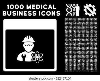 White Atomic Engineer Calendar Page vector icon with 1000 medical business pictograms. Set style is flat symbols, white color, black background.