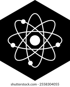 White atomic model symbol on a black hexagonal background, representing atomic structure in physics and chemistry