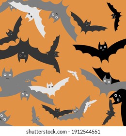White Attack Retro Print Flying Bats Art Pattern. Creepy Light Black Bats Vector Design Pic. Silver Orange Scary Motion Modern Style Simple Art. Spooky Funny Chaos Grey Halloween Modern Design.