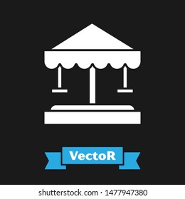 White Attraction carousel icon isolated on black background. Amusement park. Childrens entertainment playground, recreation park.  Vector Illustration