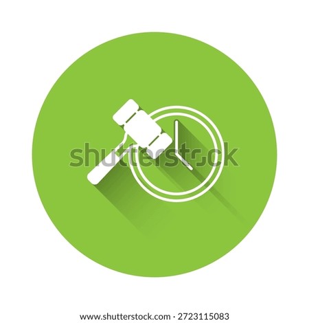 White Auction hammer icon isolated with long shadow background. Gavel - hammer of judge or auctioneer. Bidding process, deal done. Auction bidding. Green circle button. Vector