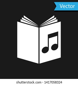 White Audio book icon isolated on black background. Musical note with book. Audio guide sign. Online learning concept.  Vector Illustration