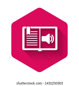 White Audio book icon isolated with long shadow. Audio guide sign. Online learning concept. Pink hexagon button. Vector Illustration