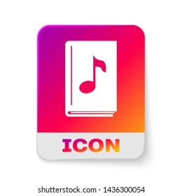 White Audio book icon isolated on white background. Musical note with book. Audio guide sign. Online learning concept. Rectangle color button. Vector Illustration