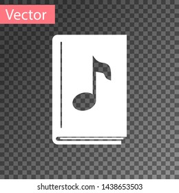 White Audio book icon isolated on transparent background. Musical note with book. Audio guide sign. Online learning concept.  Vector Illustration
