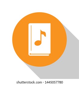 White Audio book icon isolated on white background. Musical note with book. Audio guide sign. Online learning concept. Orange circle button. Vector Illustration