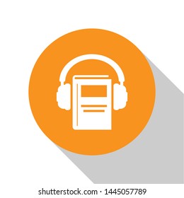White Audio book icon isolated on white background. Book with headphones. Audio guide sign. Online learning concept. Orange circle button. Vector Illustration