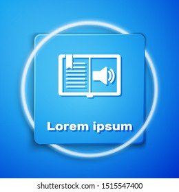 White Audio book icon isolated on blue background. Audio guide sign. Online learning concept. Blue square button. Vector Illustration