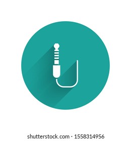 White Audio jack icon isolated with long shadow. Audio cable for connection sound equipment. Plug wire. Musical instrument. Green circle button. Vector Illustration