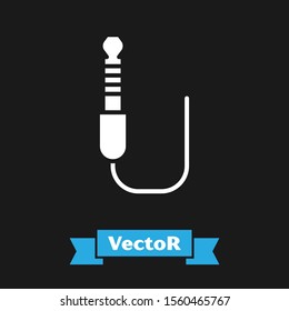 White Audio jack icon isolated on black background. Audio cable for connection sound equipment. Plug wire. Musical instrument.  Vector Illustration