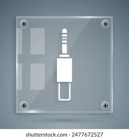 Weißes Audio-Buchsen-Symbol isoliert auf grauem Hintergrund. Audiokabel zur Verbindung von Tongeräten. Steckdraht. Musikinstrument. Quadratische Glasscheiben. Vektorgrafik
