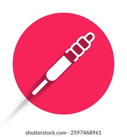 White Audio jack icon isolated with long shadow. Audio cable for connection sound equipment. Plug wire. Musical instrument. Red circle button. Vector