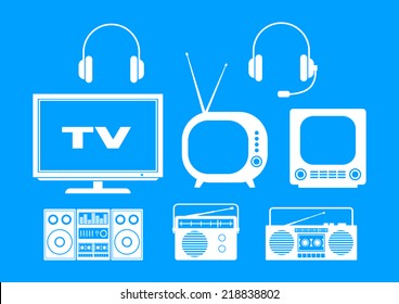 White audio and TV icons on blue background  