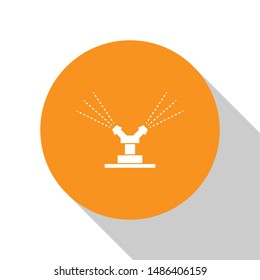 White Automatic irrigation sprinklers icon isolated on white background. Watering equipment. Garden element. Spray gun icon. Orange circle button. Vector Illustration
