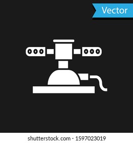 White Automatic irrigation sprinklers icon isolated on black background. Watering equipment. Garden element. Spray gun icon.  Vector Illustration
