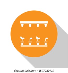 White Automatic irrigation sprinklers icon isolated on white background. Watering equipment. Garden element. Spray gun icon. Orange circle button. Vector Illustration
