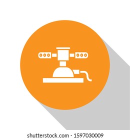 White Automatic irrigation sprinklers icon isolated on white background. Watering equipment. Garden element. Spray gun icon. Orange circle button. Vector Illustration