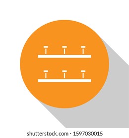 White Automatic irrigation sprinklers icon isolated on white background. Watering equipment. Garden element. Spray gun icon. Orange circle button. Vector Illustration
