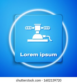 White Automatic irrigation sprinklers icon isolated on blue background. Watering equipment. Garden element. Spray gun icon. Blue square button. Vector Illustration