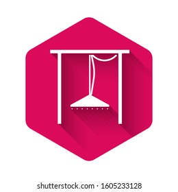 White Automatic irrigation sprinklers icon isolated with long shadow. Watering equipment. Garden element. Spray gun icon. Pink hexagon button. Vector Illustration