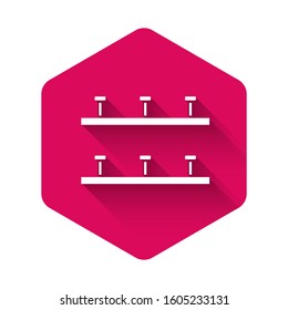 White Automatic irrigation sprinklers icon isolated with long shadow. Watering equipment. Garden element. Spray gun icon. Pink hexagon button. Vector Illustration