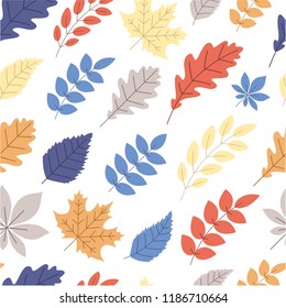White autumn backdrop with beautiful color leaves. Seamless pattern. Vector background. 
