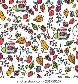 White autumn seamless pattern with berries and jam.