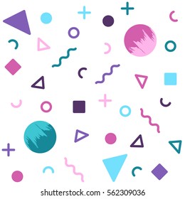 White avant-garde geometric seamless pattern with colorful shapes.