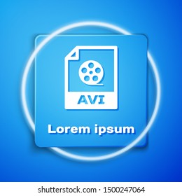 White AVI file document. Download avi button icon isolated on blue background. AVI file symbol. Blue square button. Vector Illustration