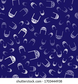 White Aviator hat with goggles icon isolated seamless pattern on blue background. Pilot hat.  Vector Illustration
