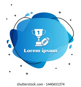 White Award cup and American football ball icon isolated on white background. Winner trophy symbol. Championship or competition trophy. Abstract banner with liquid shapes. Vector Illustration