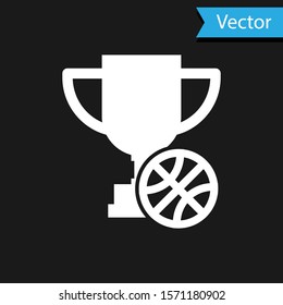 White Award cup with basketball ball icon isolated on black background. Winner trophy symbol. Championship or competition trophy.  Vector Illustration