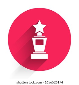 White Award cup icon isolated with long shadow. Winner trophy symbol. Championship or competition trophy. Sports achievement sign. Red circle button. Vector Illustration