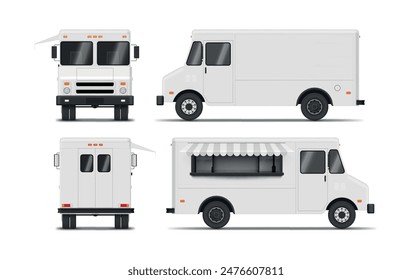 White awning window coffee and fast food truck front back side view set realistic vector illustration. Van automobile mobile kitchen cafe take away cafeteria vending stall retail street vehicle