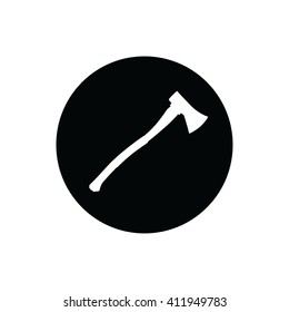 White axe silhouette vector illustration. Black circle. Black button