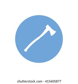 White axe silhouette vector illustration. Blue circle. Blue button