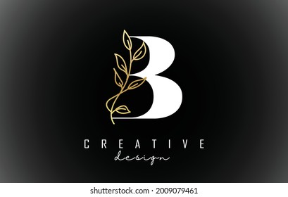 Weiß-B-Buchstaben Logo-Design mit goldenen Blättern Zweig Vektorgrafik. Kreatives und elegantes Symbol mit Buchstabe B.