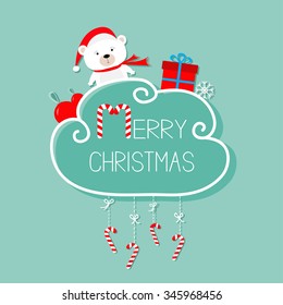White baby bear, giftbox, snowflake, ball. Merry Christmas card. Hanging Candy Cane. Dash line with bow. Flat design. Blue background. Vector illustration