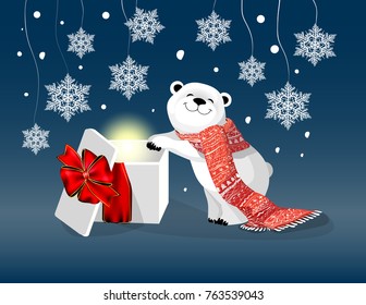 white baby bear  with red scarf and a gift on blue background with a snowflakes.Christmas and new-year concept.