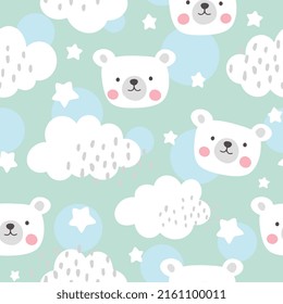 white baby bear scandinavian style seamless pattern for kids, clouds, stars digital wrapping paper print design, forest animals childish fabric and textile motif