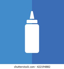 White baby bottle vector icon. Blue background