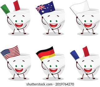 White baby diapers cartoon character bring the flags of various countries. Vector illustration