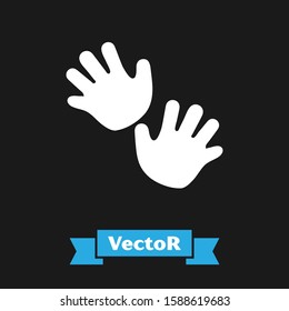 White Baby hands print icon isolated on black background.  Vector Illustration