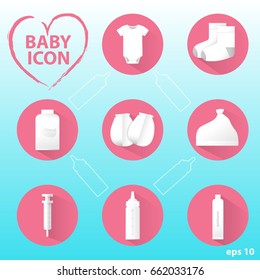 White baby  icons set on a pink circle background.
