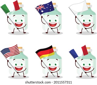 White baby milk bottle cartoon character bring the flags of various countries. Vector illustration