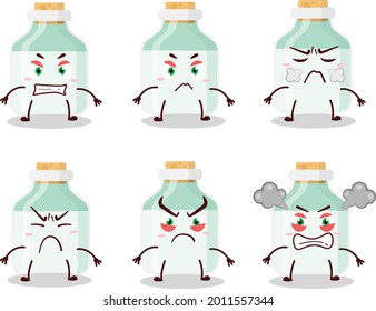 Personaje de dibujos animados de botellas de leche de bebé blancas con diversas expresiones furiosas. Ilustración del vector