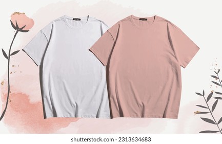 White and baby pink 2 blank t shirt as a mockup to display your creative design with eye catching asethetic background