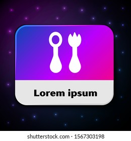 White Baby plastic cutlery with fork and spoon icon isolated on black background. Cutlery for kid. Childrens dining items. Rectangle color button. Vector Illustration