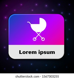 White Baby stroller icon isolated on black background. Baby carriage, buggy, pram, stroller, wheel. Rectangle color button. Vector Illustration