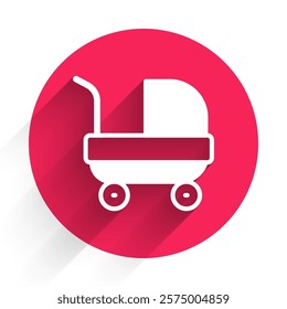 White Baby stroller icon isolated with long shadow background. Baby carriage, buggy, pram, stroller, wheel. Red circle button. Vector